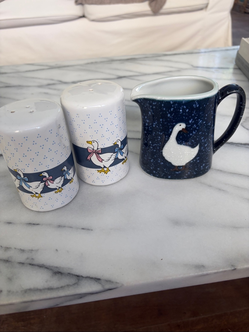 White Ceramic Duck Pattern Salt and Pepper Shaker Set and Otagiri Creamer Lot